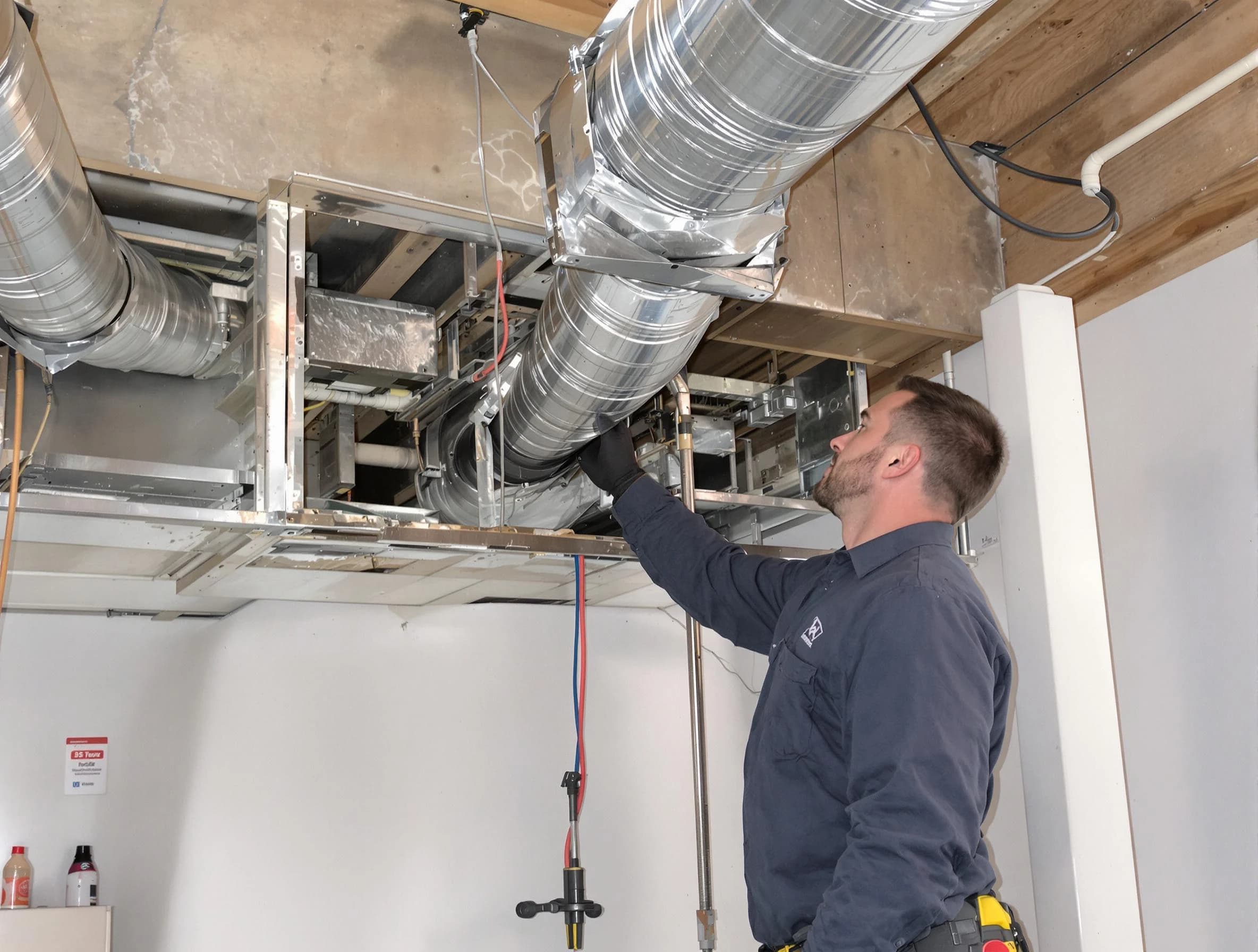 Hyrum Air Duct Cleaning technician performing professional air duct repair using specialized tools in Hyrum
